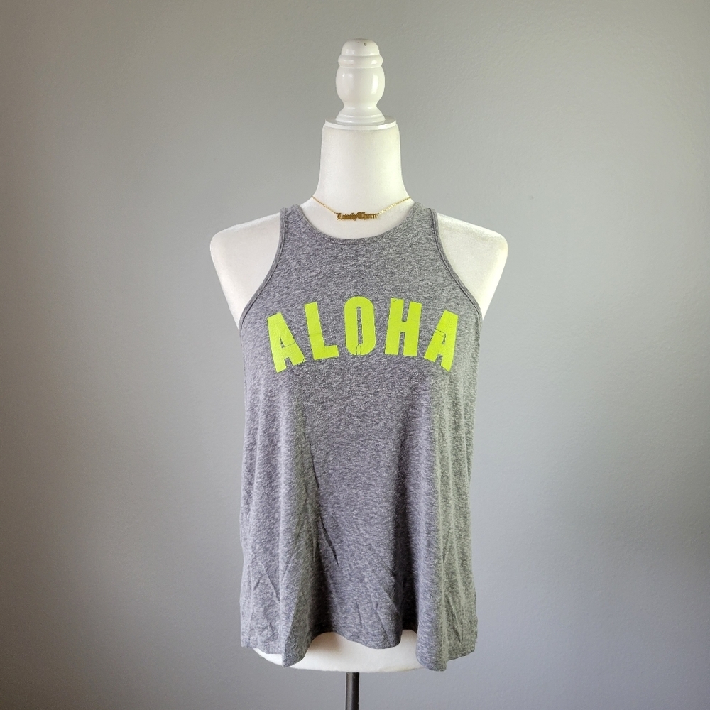 AMERICAN EAGLE OUTFITTERS // grey racer back aloha graphic swing tank top
